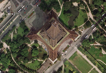 Google Earth checks out the Eiffel Tower (courtesy Google Earth and thanks to Jaunted for the idea.)