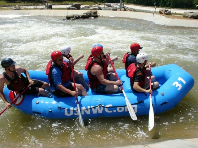 Taking the rapids at the US National Whitewater Center -- don't worry; it's only 3 feet deep.  (Scarborough photo)