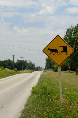 Highway sign warning of Amish buggies in Jamesport MO (Scarborough photo)