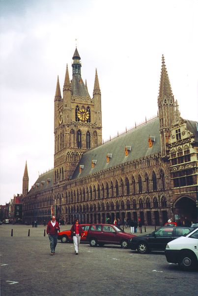 The magnificent Cloth Hall that houses the In Flanders Fields Museum, Ieper, Belgium.  That's my Dad and I walking in the central square Grote Markt (Scarborough photo; my Mom, Joanne Scarborough, to be precise)