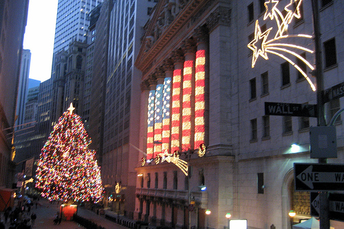 New York City Christmas lights on Wall Street (courtesy wallyg at flickr's CC)