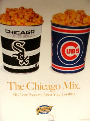 An advertisement for the Chicago Mix at Garrett Popcorn (Scarborough photo)