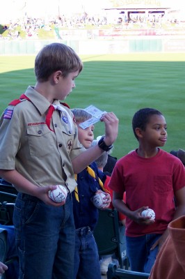 Looking for their seat on Boy Scout night, Round Rock Express, Texas (Scarborough photo)