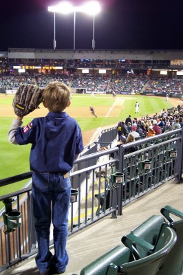 A young hopeful waits for a ball, Round Rock Express, Texas (Scarborough photo)