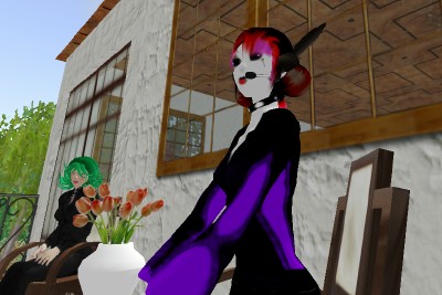 Sitting with my virtual/real life friend Connie Reece (green hair) in Second Life (Scarborough photo)