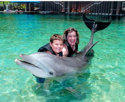 My son and I at Dolphin Quest Hawaii on the Big Island (photo courtesy Dolphin Quest)