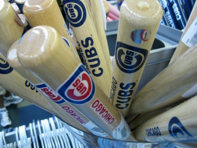 Chicago Cubs toy bats for sale near Wrigley Field (photo by Sheila Scarborough)