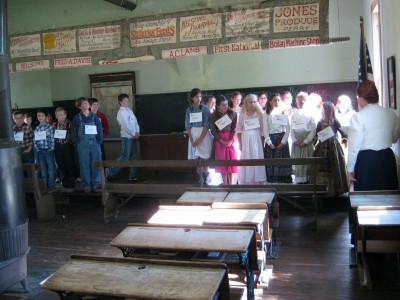 Rose Hill School at Cherokee Strip Museum in Perry, Oklahoma; spelling bee in progress (photo by Sheila Scarborough)