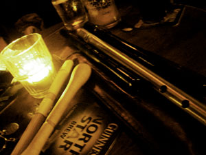 table with musical instruments at Sean's Bar, Athlone