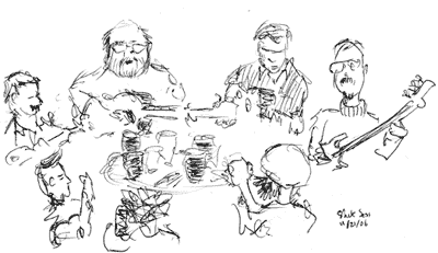 Pen sketch of the shack session in Athlone