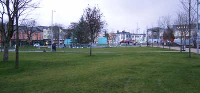 Eyre Square in Galway with lawn and Christmas tree in the background