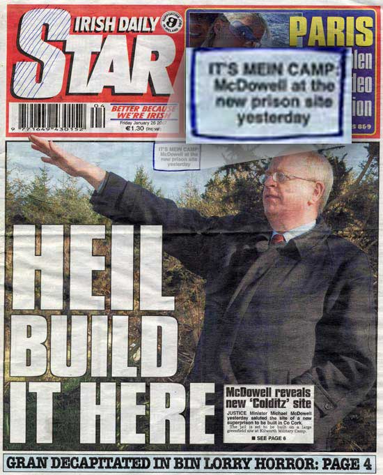 The star newspaper showing minister McDowell with the headline "Heil build it here" and caption reading - "mein camp"