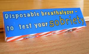 the breathaliser box from alcoholtester.ie  - top side reads disposable breathalyzer to test your sobriety