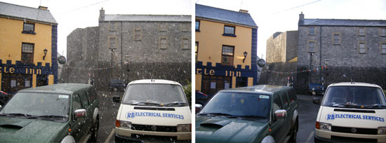 The view from Sean's Bar in Athlone - the left of heavy snowfall and the right of the same scene in bright sunlight