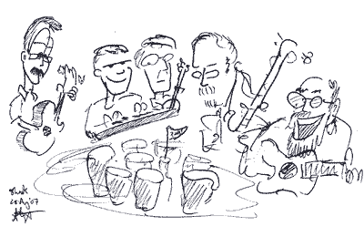Sean Lightholder sketch of musicians at traditional irish session in the shack pub, athlone