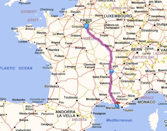 Driving map Paris to Marseille